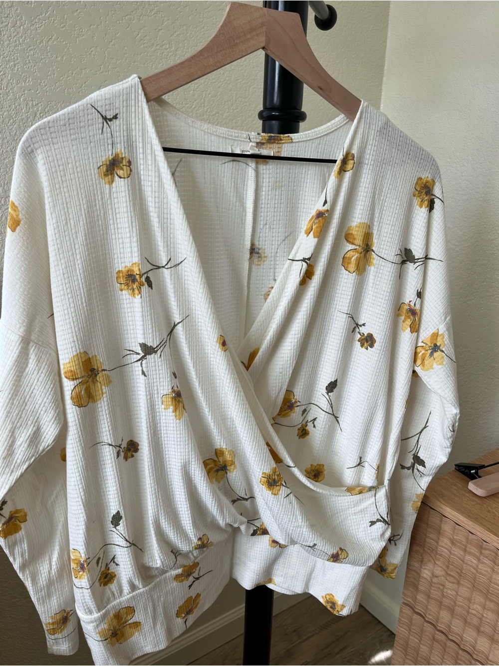 Maurices Cream Floral Surplice Long Sleeve Top with Yellow Blooms